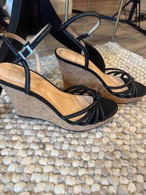Size 10 Cork and black wedge sandals